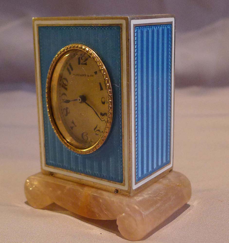 Miniature, cased, silver gilt, guilloche enamel & rose quartz carriage clock retailed by Tiffany NY.