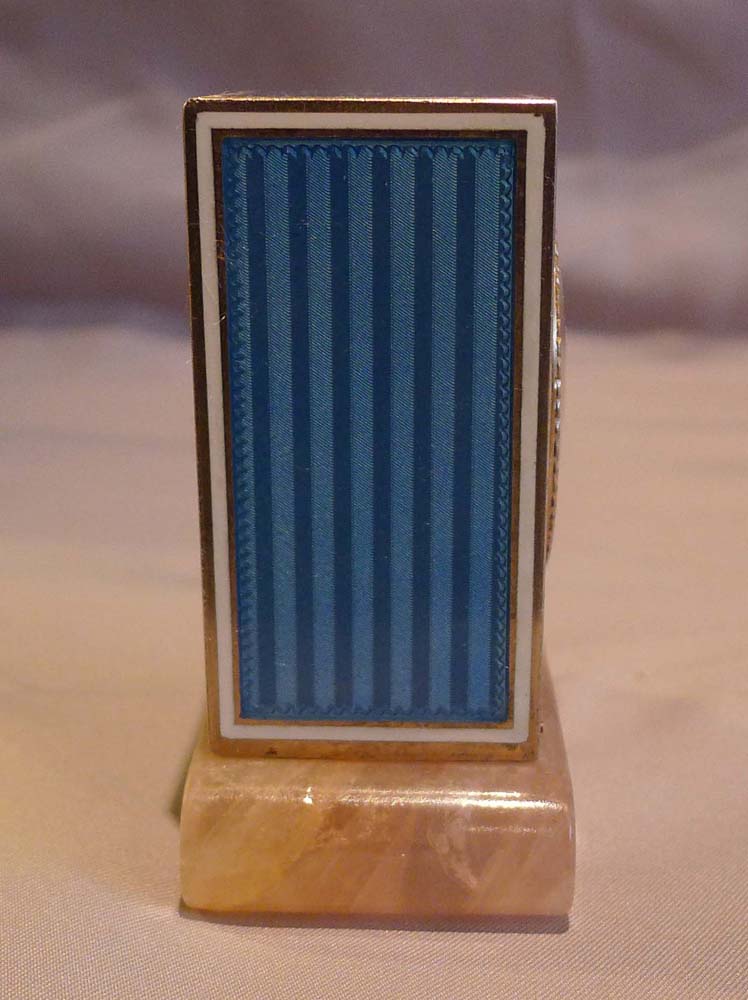 Miniature, cased, silver gilt, guilloche enamel & rose quartz carriage clock retailed by Tiffany NY.