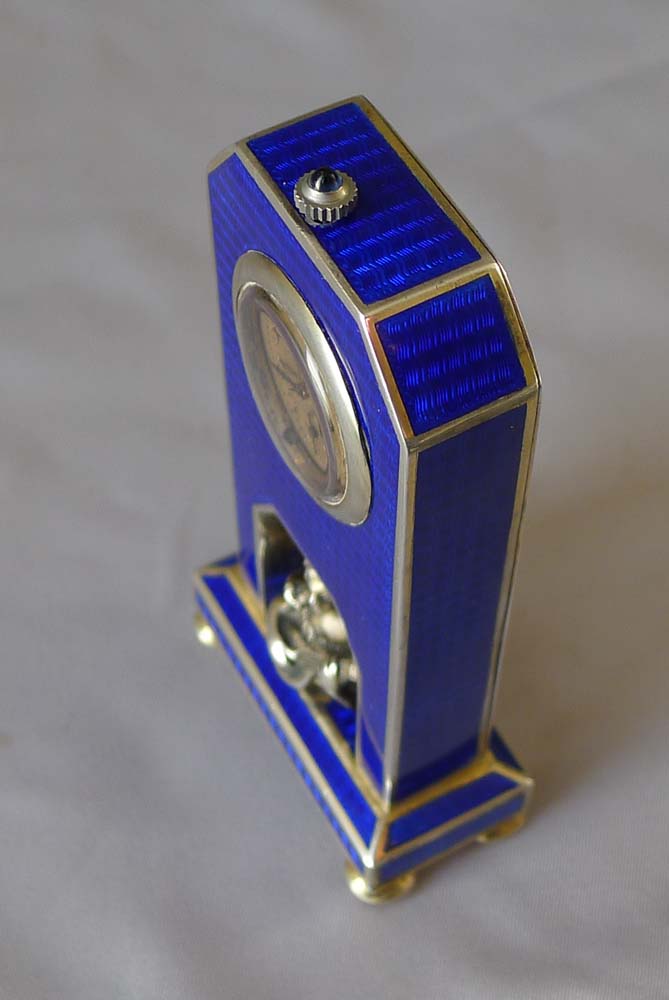 Antique silver and blue guilloche enamel miniature clock with silver bust.