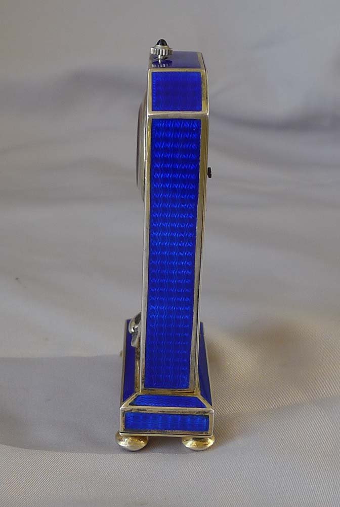 Antique silver and blue guilloche enamel miniature clock with silver bust.