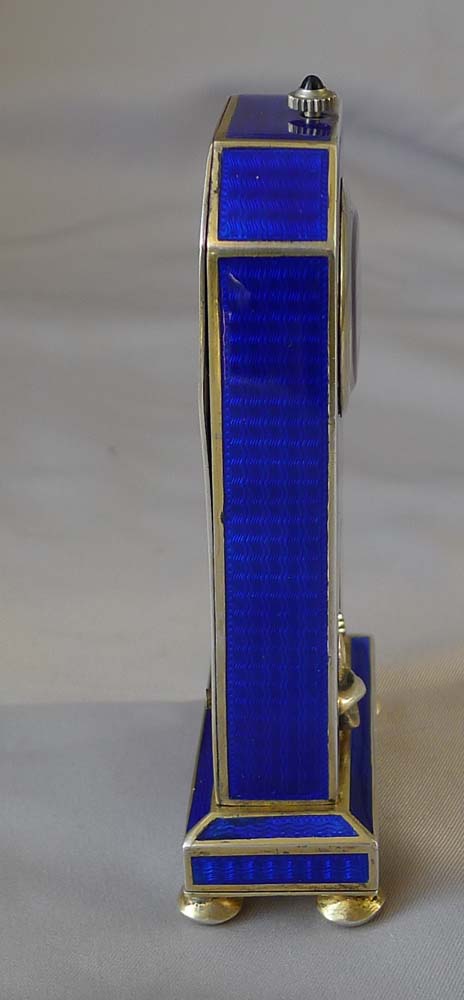 Antique silver and blue guilloche enamel miniature clock with silver bust.