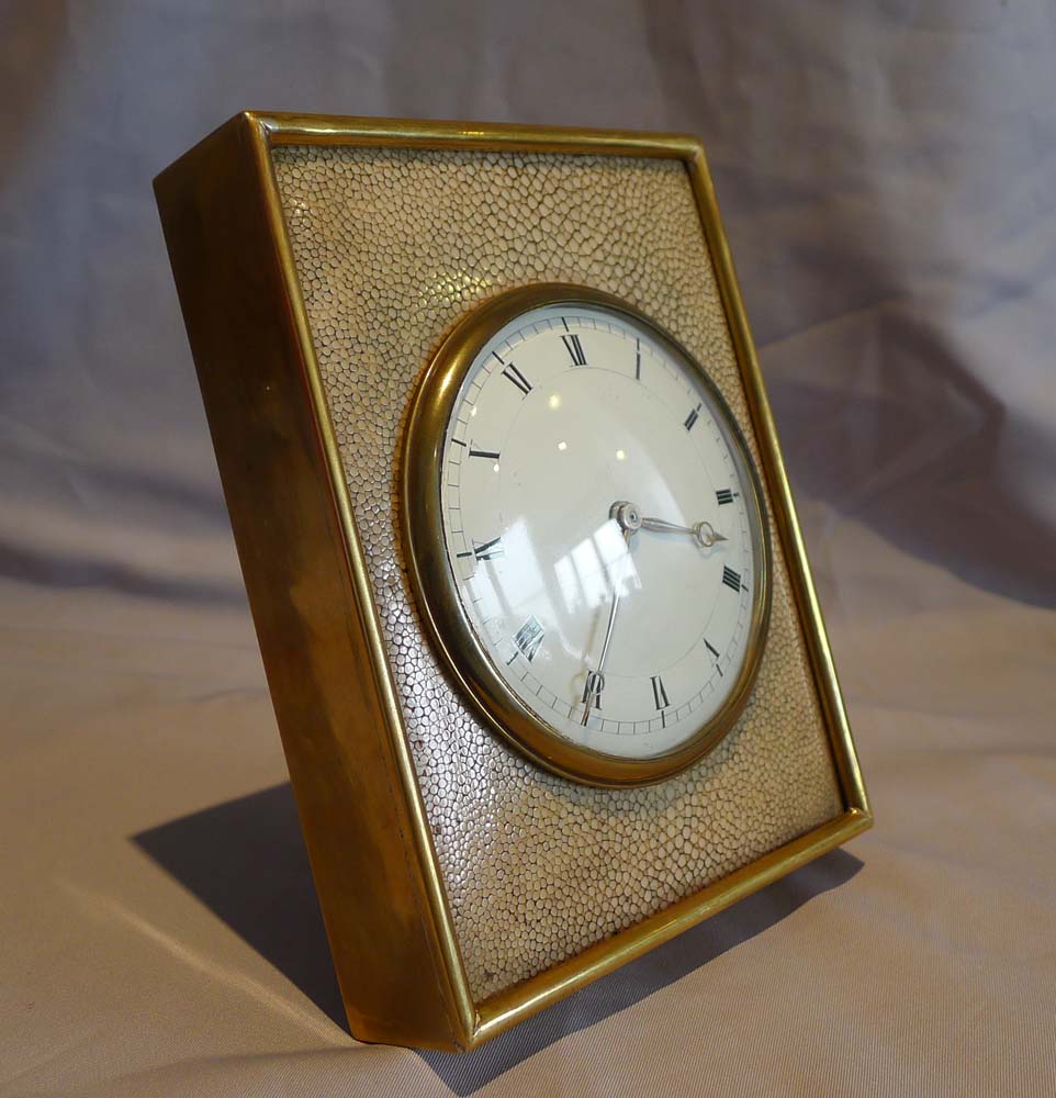 A fine antique English Edwardian shagreen and gilt bronze strut clock.