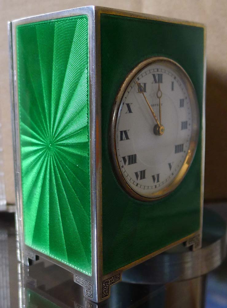 Aspreys green guilloche enamel and silver boudoire clock.