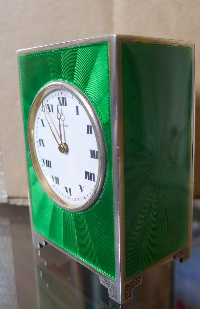 Aspreys green guilloche enamel and silver boudoire clock.