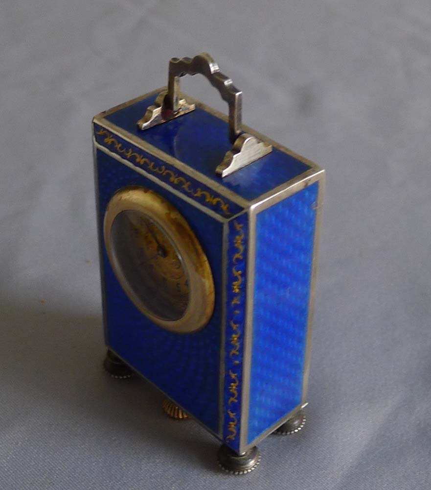 Antique silver and blue guilloche enamel boudoire clock.