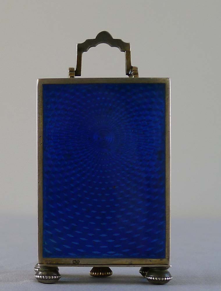 Antique silver and blue guilloche enamel boudoire clock.