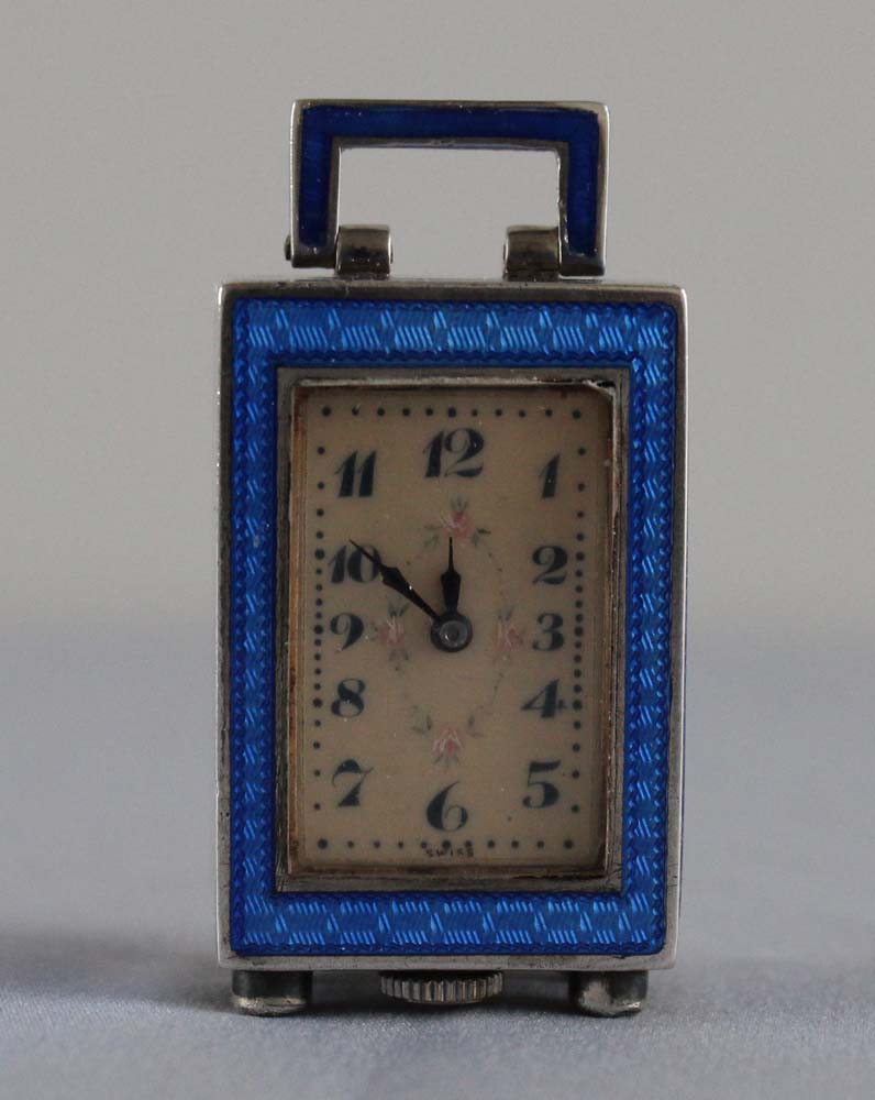 Tiny Art Deco sub miniature silver and blue guilloche enamel Swiss carriage clock.