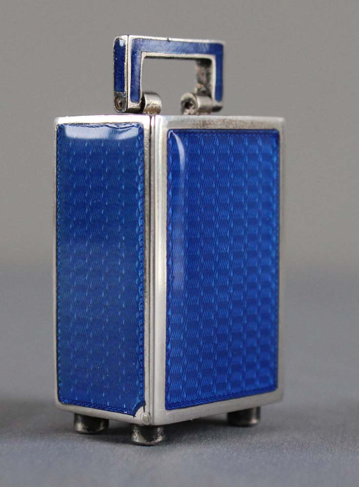 Tiny Art Deco sub miniature silver and blue guilloche enamel Swiss carriage clock.