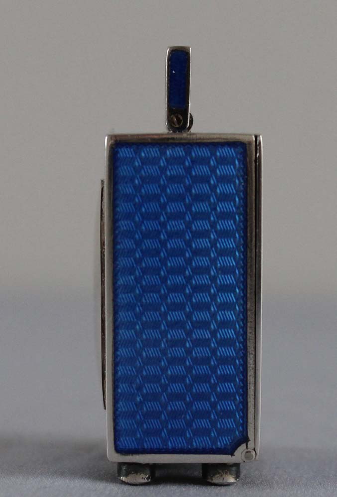 Tiny Art Deco sub miniature silver and blue guilloche enamel Swiss carriage clock.