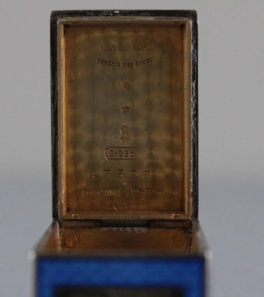 Tiny Art Deco sub miniature silver and blue guilloche enamel Swiss carriage clock.