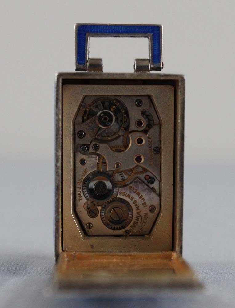 Tiny Art Deco sub miniature silver and blue guilloche enamel Swiss carriage clock.