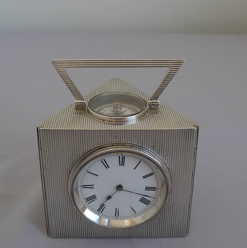 Antique silver multi dial desk clock with rare triangular case