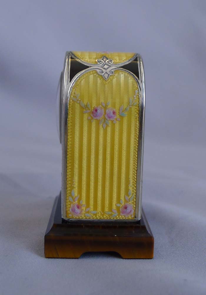 Fine silver, guilloche and hand painted enamel, cased sub-miniature clock with Tiger's Eye base.