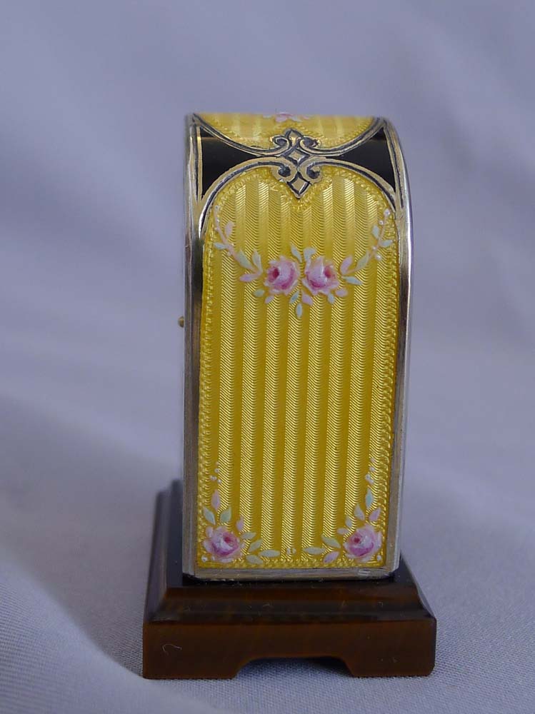 Fine silver, guilloche and hand painted enamel, cased sub-miniature clock with Tiger's Eye base.