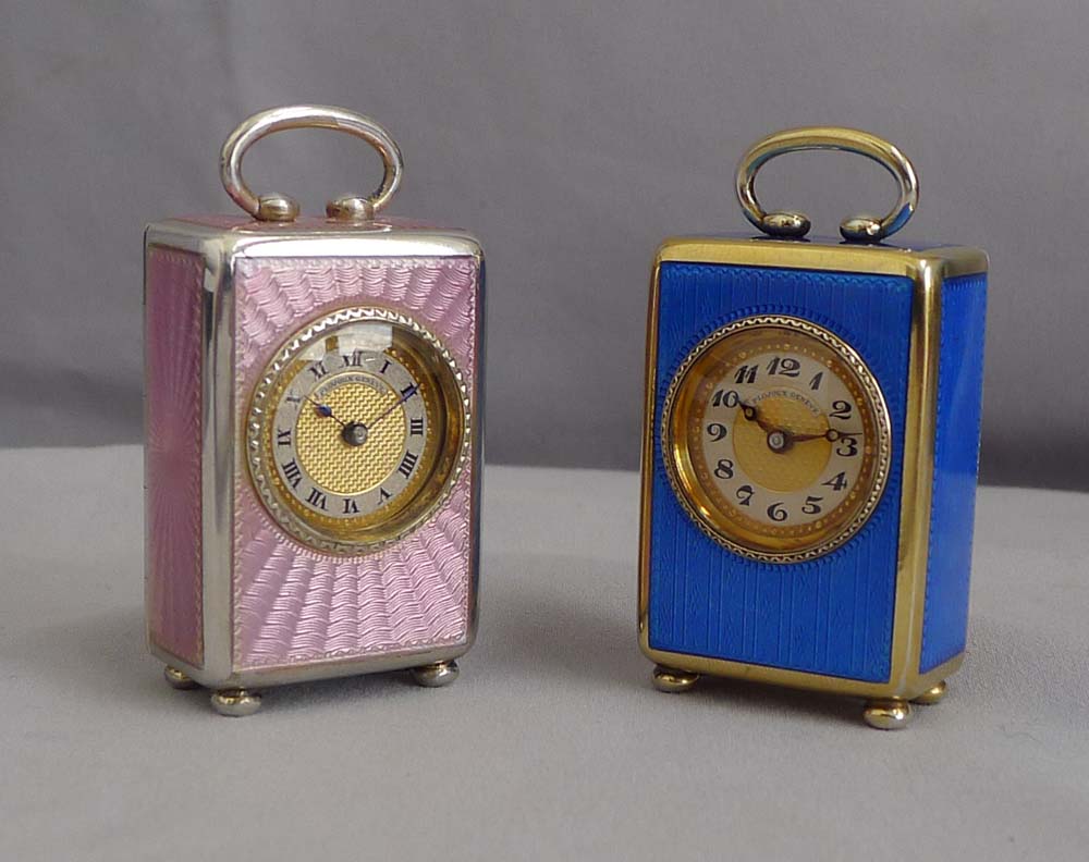 Pink guilloche enamel and silver gilt sub-miniature carriage or boudoir clock, original case and key
