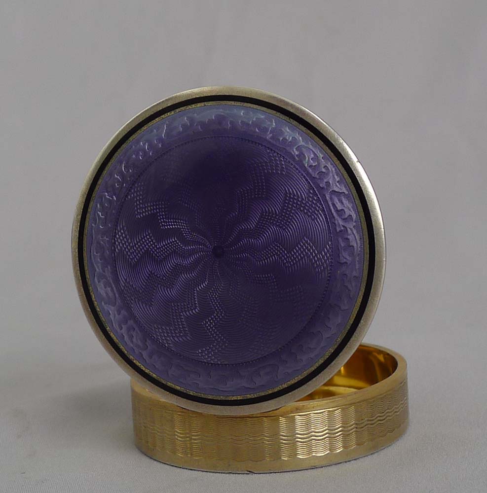 Art Deco silver and purple guilloche enamel pill box.
