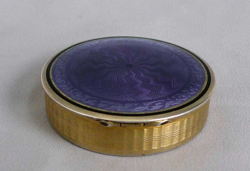Art Deco silver and purple guilloche enamel pill box.