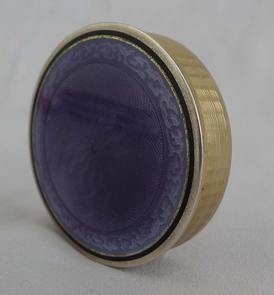 Art Deco silver and purple guilloche enamel pill box.