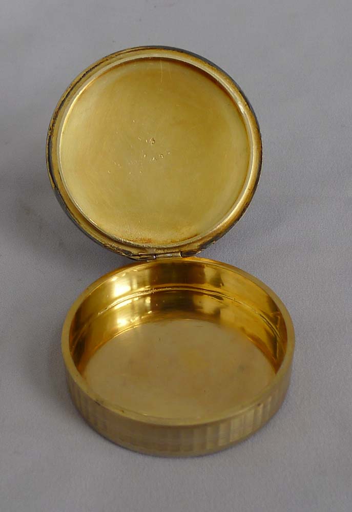 Art Deco silver and purple guilloche enamel pill box.