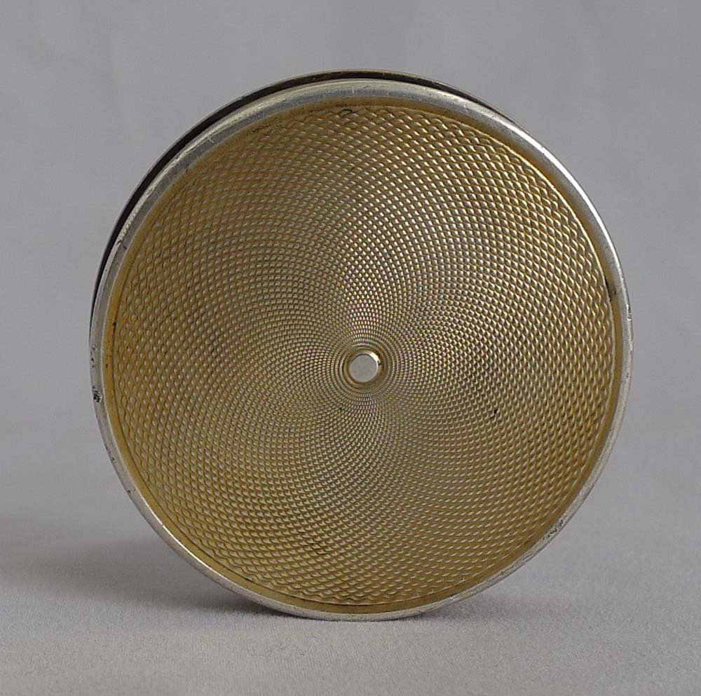 Art Deco silver and purple guilloche enamel pill box.
