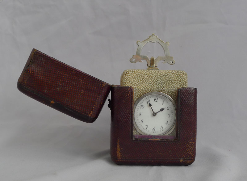 Antique shagreen and silvered carriage clock with Art and Crafts handle