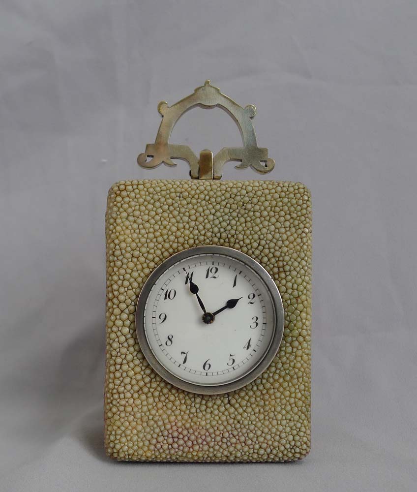 Antique shagreen and silvered carriage clock with Art and Crafts handle