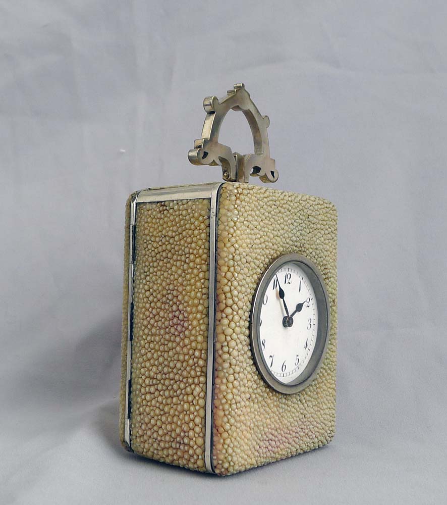 Antique shagreen and silvered carriage clock with Art and Crafts handle