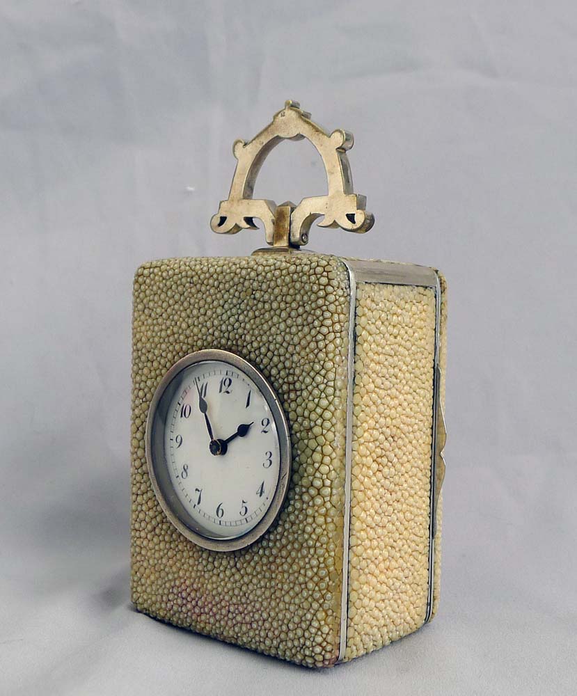 Antique shagreen and silvered carriage clock with Art and Crafts handle