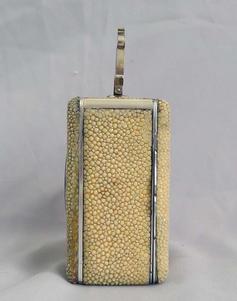 Antique shagreen and silvered carriage clock with Art and Crafts handle