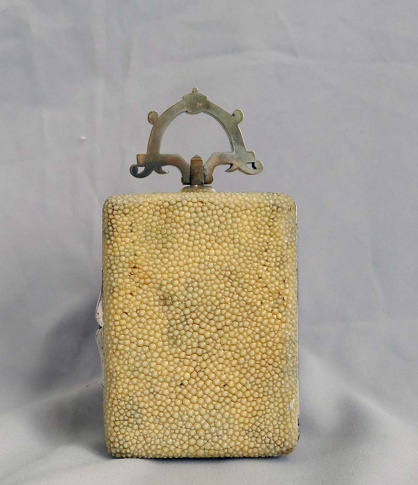 Antique shagreen and silvered carriage clock with Art and Crafts handle