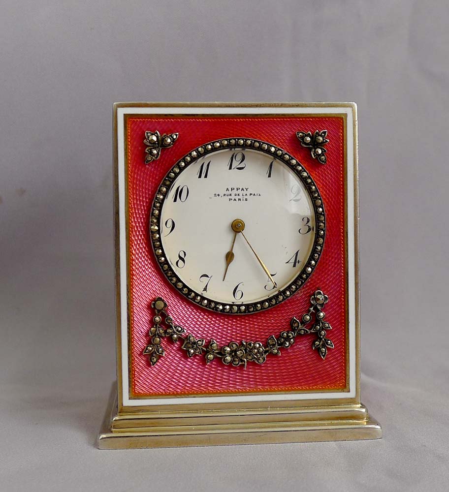 Antique silver gilt and deep coral guilloche enamel 8 day miniature carriage clock.