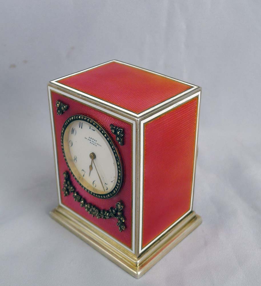 Antique silver gilt and deep coral guilloche enamel 8 day miniature carriage clock.