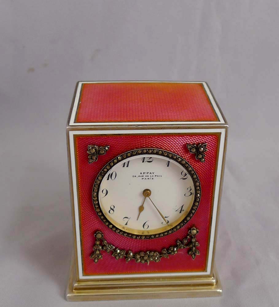 Antique silver gilt and deep coral guilloche enamel 8 day miniature carriage clock.