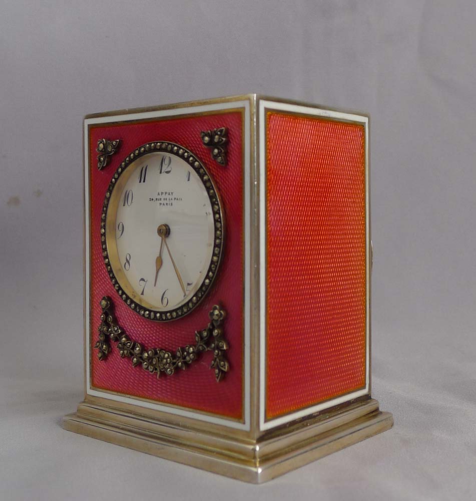 Antique silver gilt and deep coral guilloche enamel 8 day miniature carriage clock.