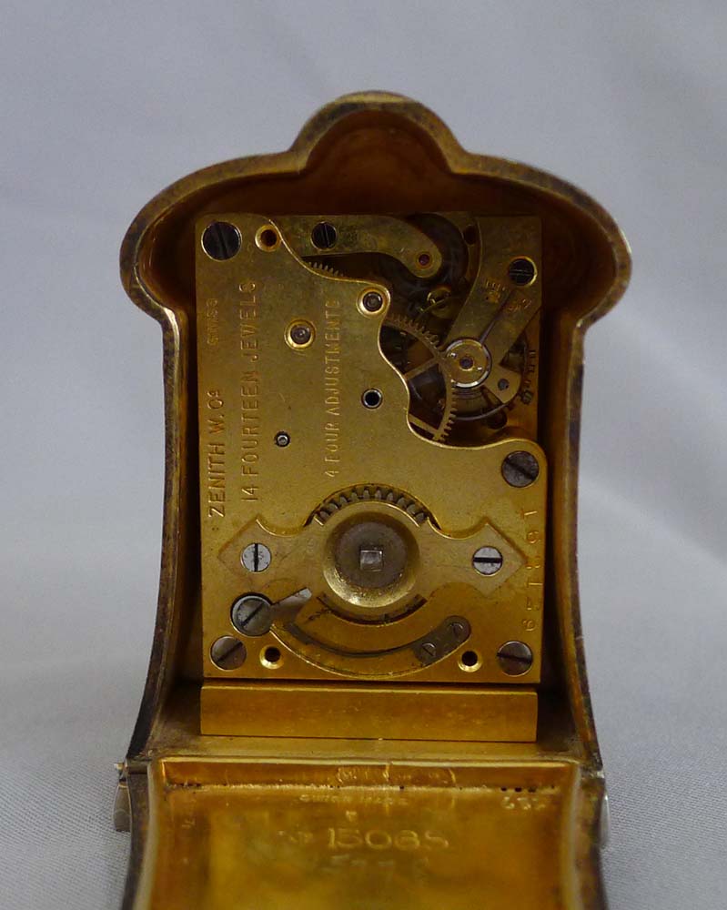 Silver and enamel boudoir clock in original leather fitted case