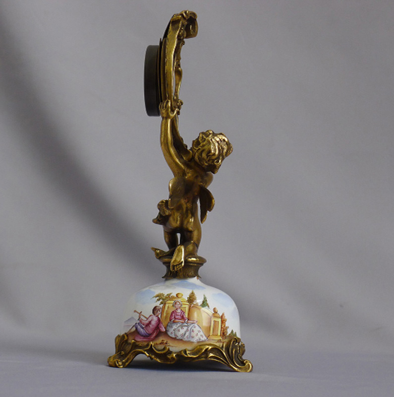 Antique Viennese hand painted enamel and ormolu boudoir clock