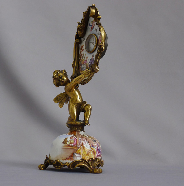 Antique Viennese hand painted enamel and ormolu boudoir clock