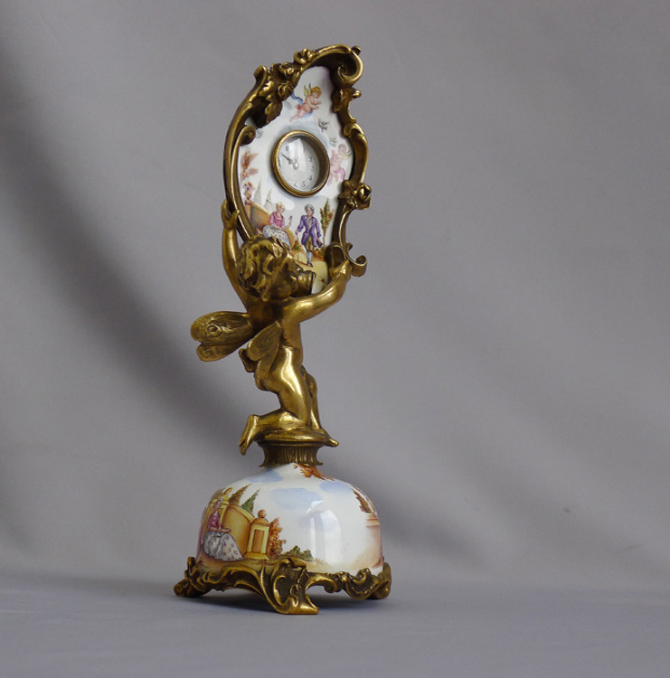 Antique Viennese hand painted enamel and ormolu boudoir clock