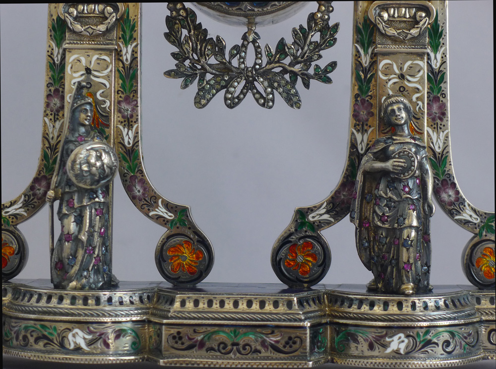 Spectacular antique Viennese silver gilt, enamel and jewelled clock modelled as a fire surround