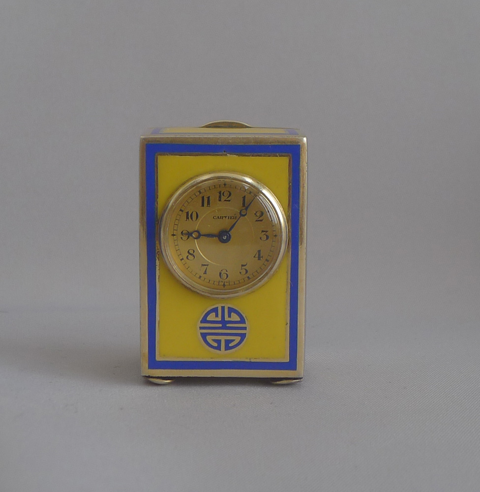 Antique Cartier Silver Gilt, Imperial yellow and blue Guilloche enamel sub miniature carriage Clock