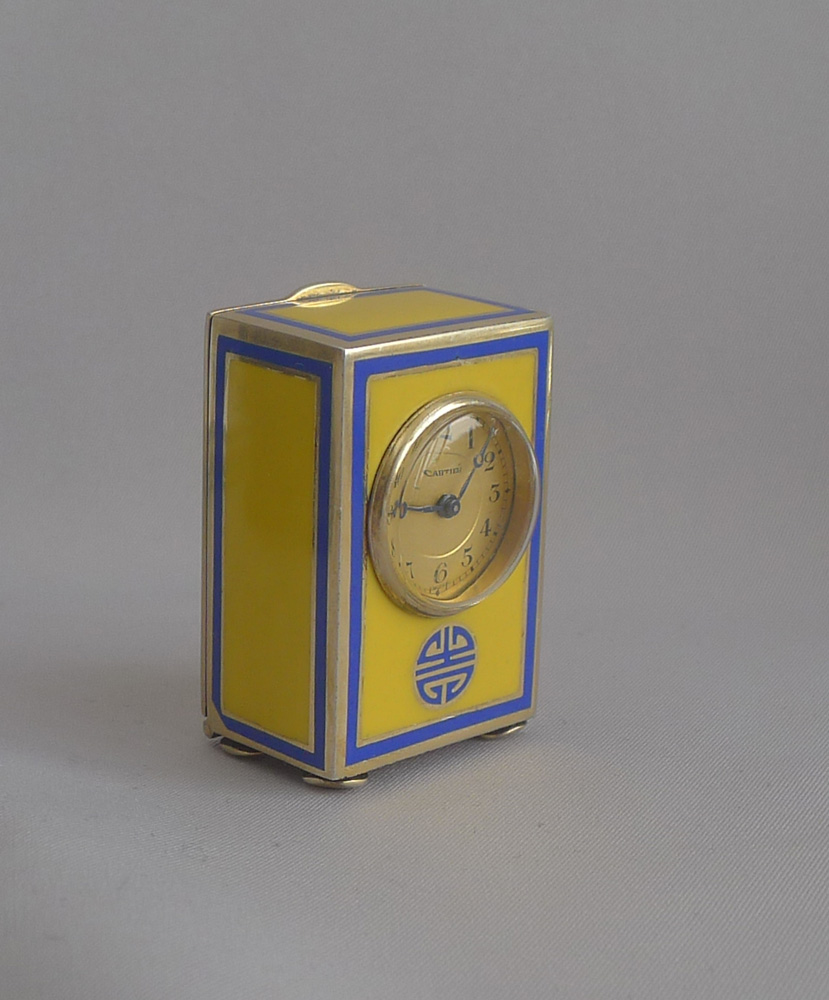 Antique Cartier Silver Gilt, Imperial yellow and blue Guilloche enamel sub miniature carriage Clock