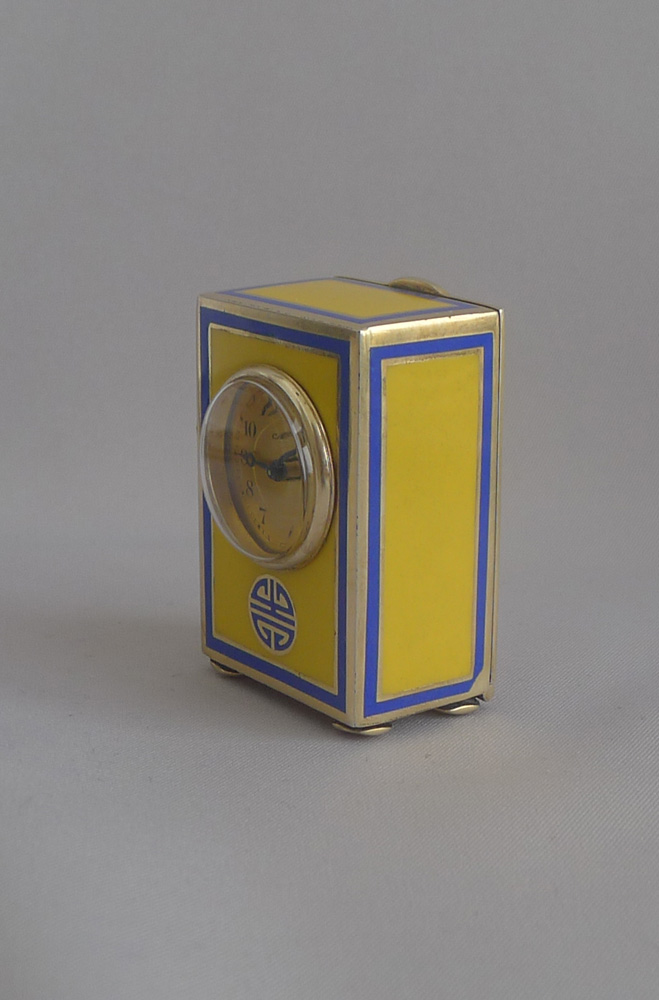 Antique Cartier Silver Gilt, Imperial yellow and blue Guilloche enamel sub miniature carriage Clock