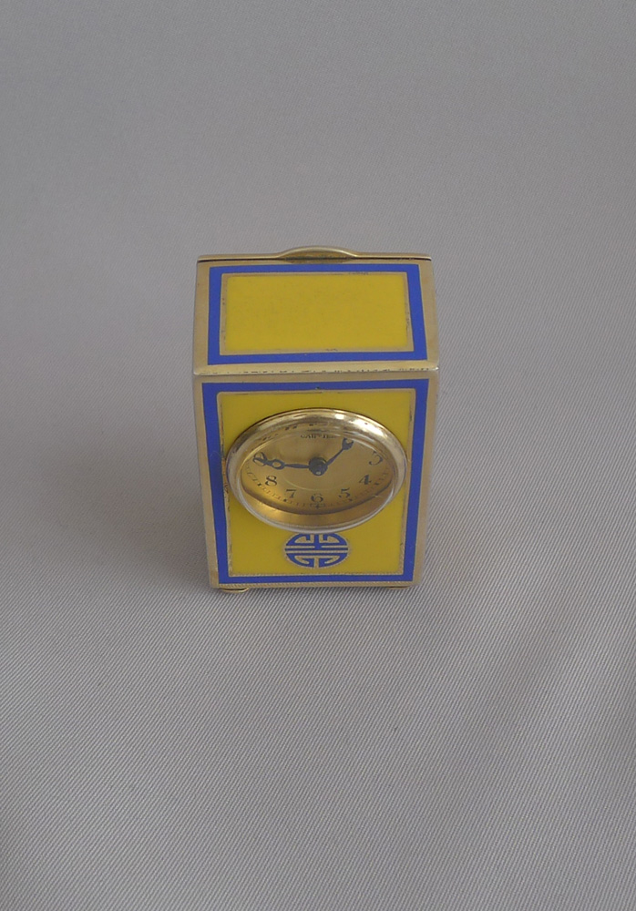 Antique Cartier Silver Gilt, Imperial yellow and blue Guilloche enamel sub miniature carriage Clock