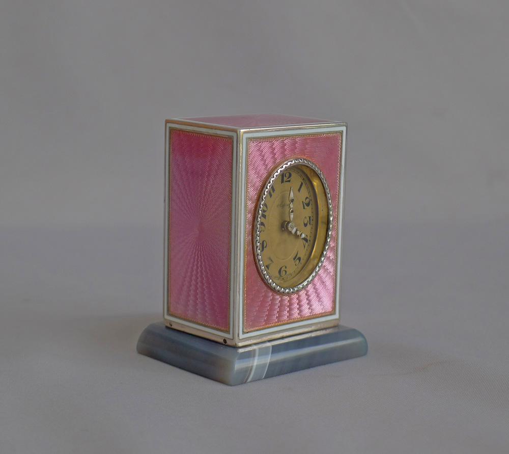 Fabulous pink guilloche enamel and silver sub-miniature carriage clock by Asprey