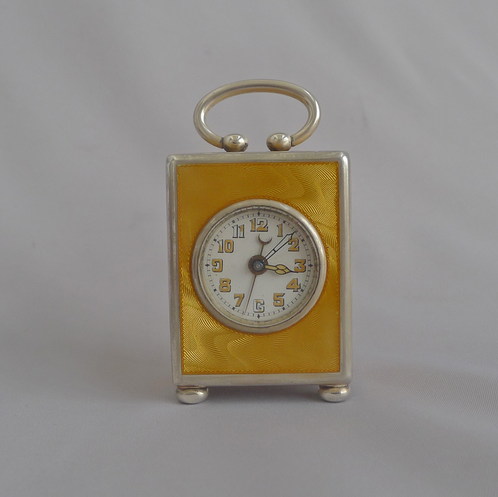 Rare Orange Guilloche enamel and silver sub miniature carriage clock with alarm