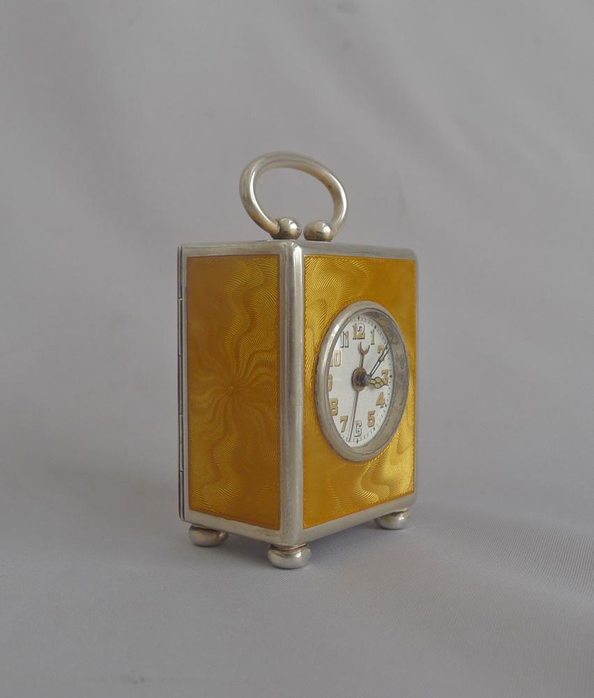 Rare Orange Guilloche enamel and silver sub miniature carriage clock with alarm