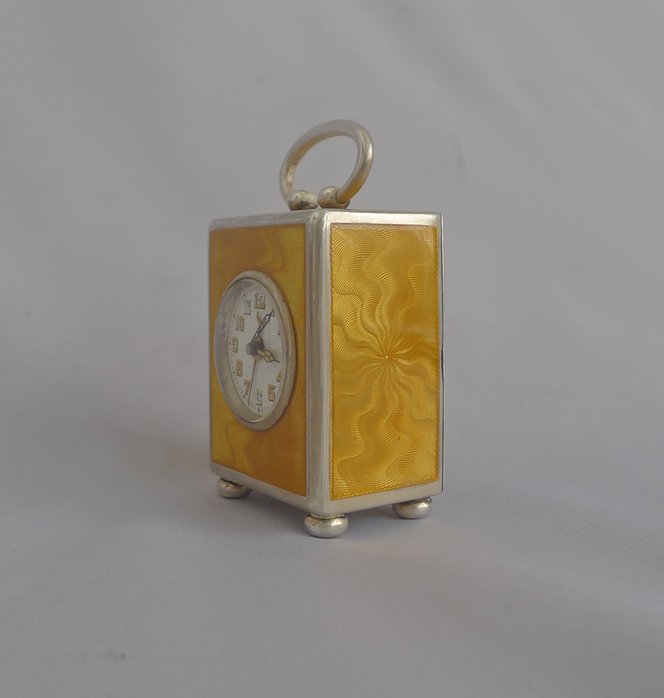Rare Orange Guilloche enamel and silver sub miniature carriage clock with alarm