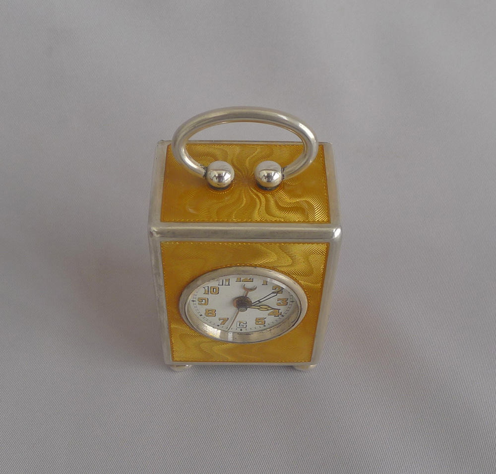 Rare Orange Guilloche enamel and silver sub miniature carriage clock with alarm