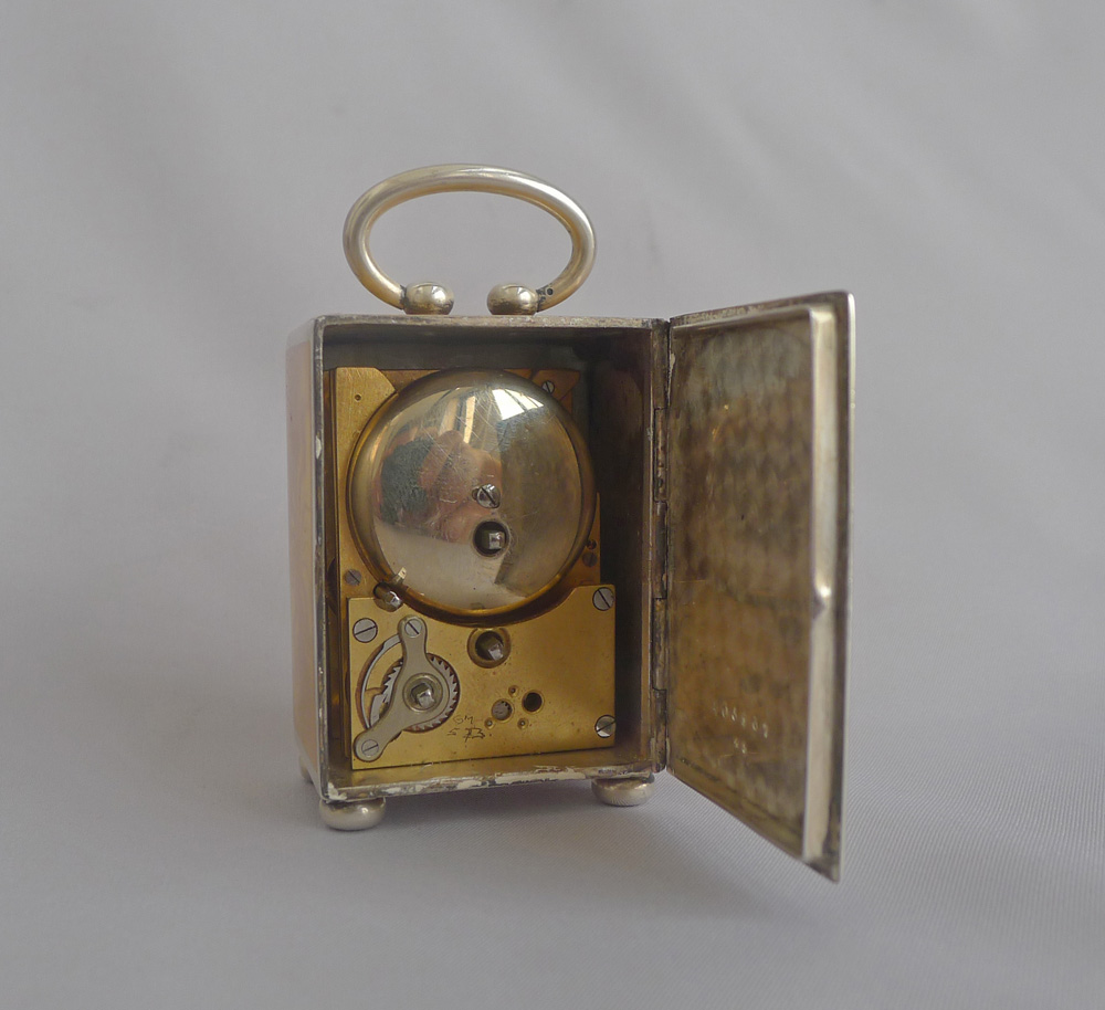 Rare Orange Guilloche enamel and silver sub miniature carriage clock with alarm