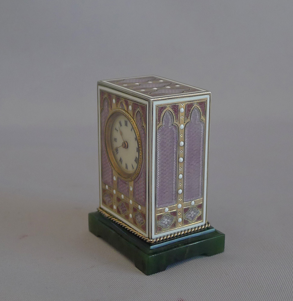 Antique Silver Gilt and Guilloche enamel Sub Miniature Carriage Clock by the Geneva Clock Company